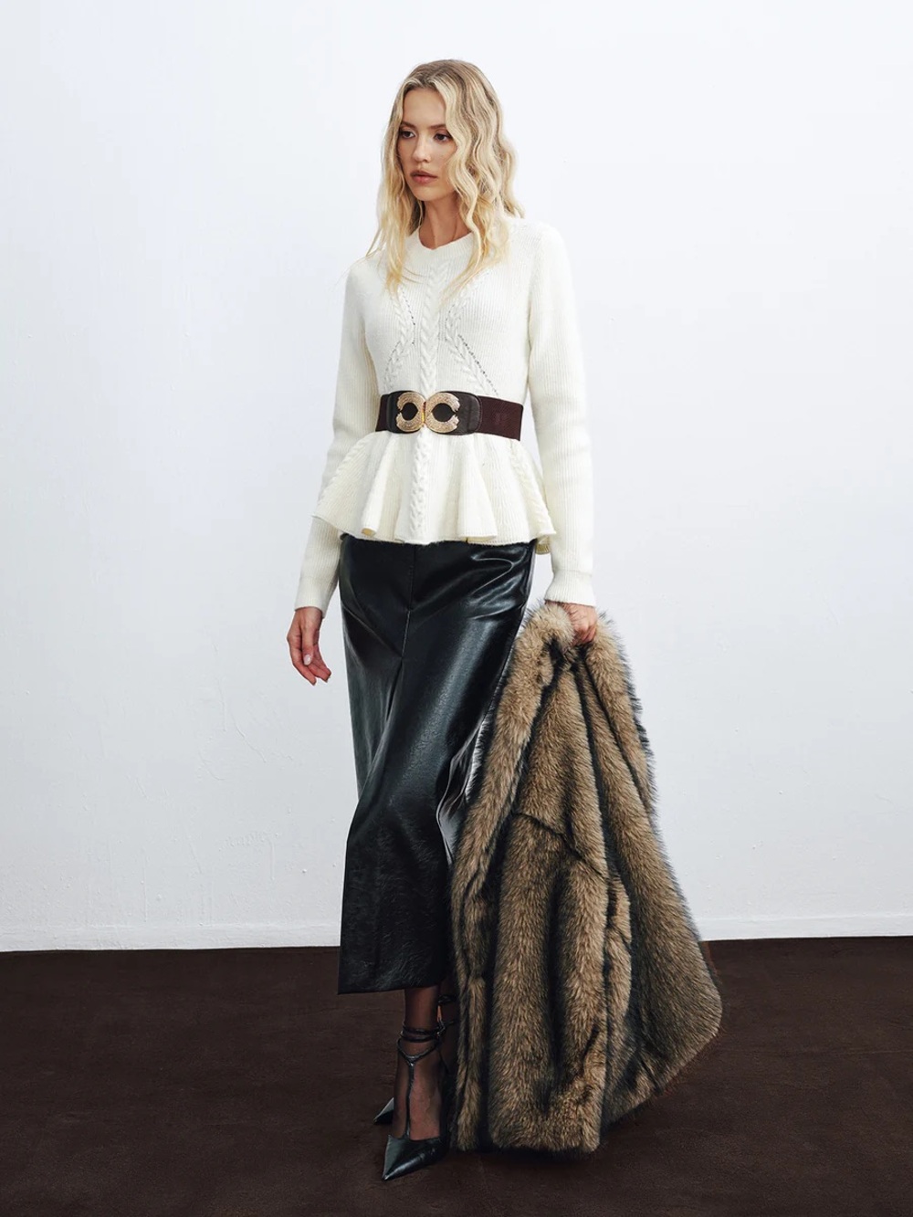 Commense Peplum Cable-Knit Top with Wide Belt - Picture 3 of 16